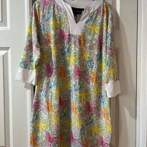 Sea Life Print Shift Dress with White Trim- NWT